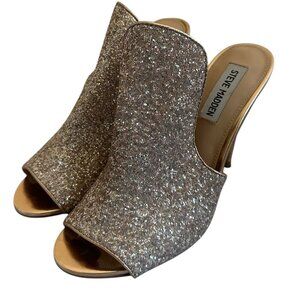 Steve Madden Sinful Pink Glitter Heels Open Toe Sandals Slides Size 7.5 Women's